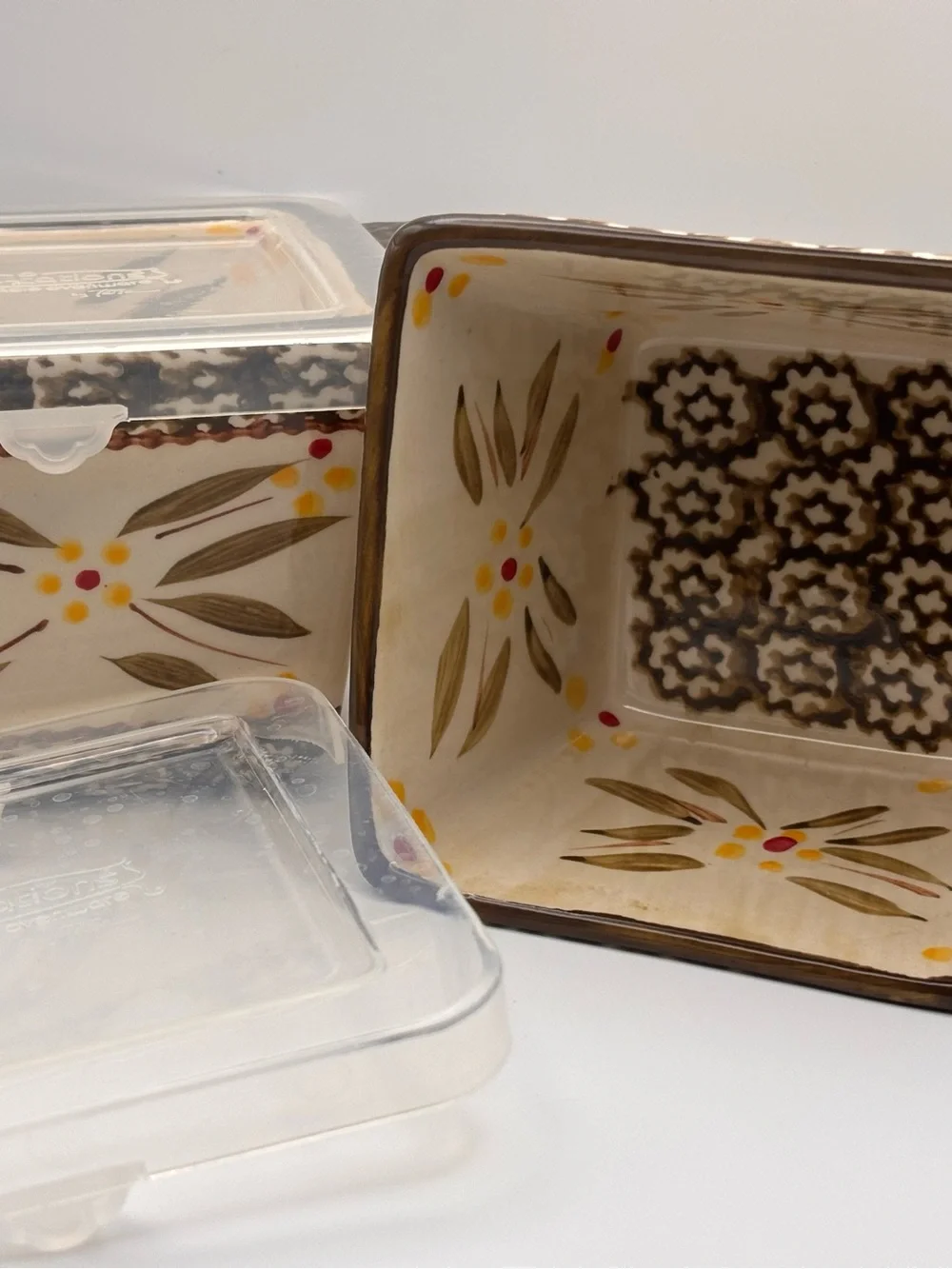 Set of 2 Temptations Ovenware Square Ramekins with Lids in Old World Brown